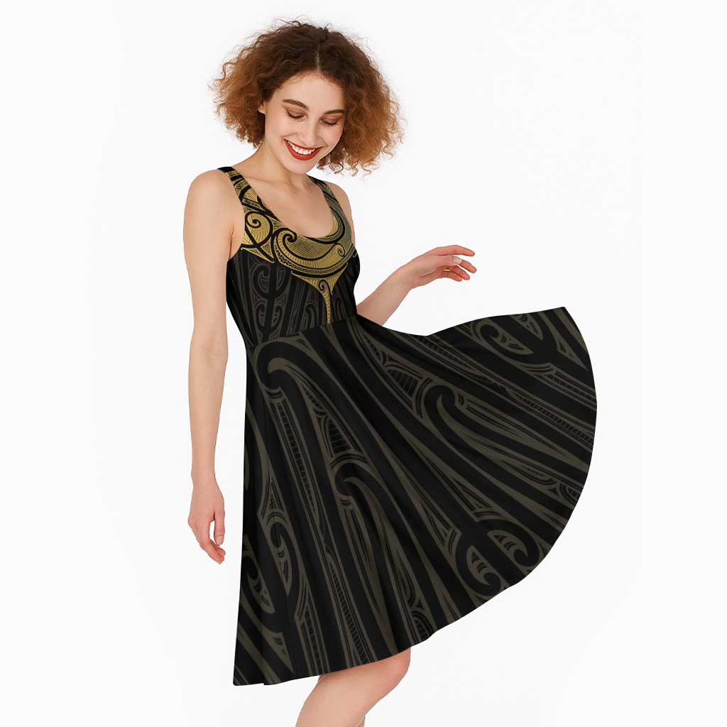 Gold Black New Zealand Manta Ray Midi Dress Aotearoa Maori Haehae LT14 - Polynesian Pride