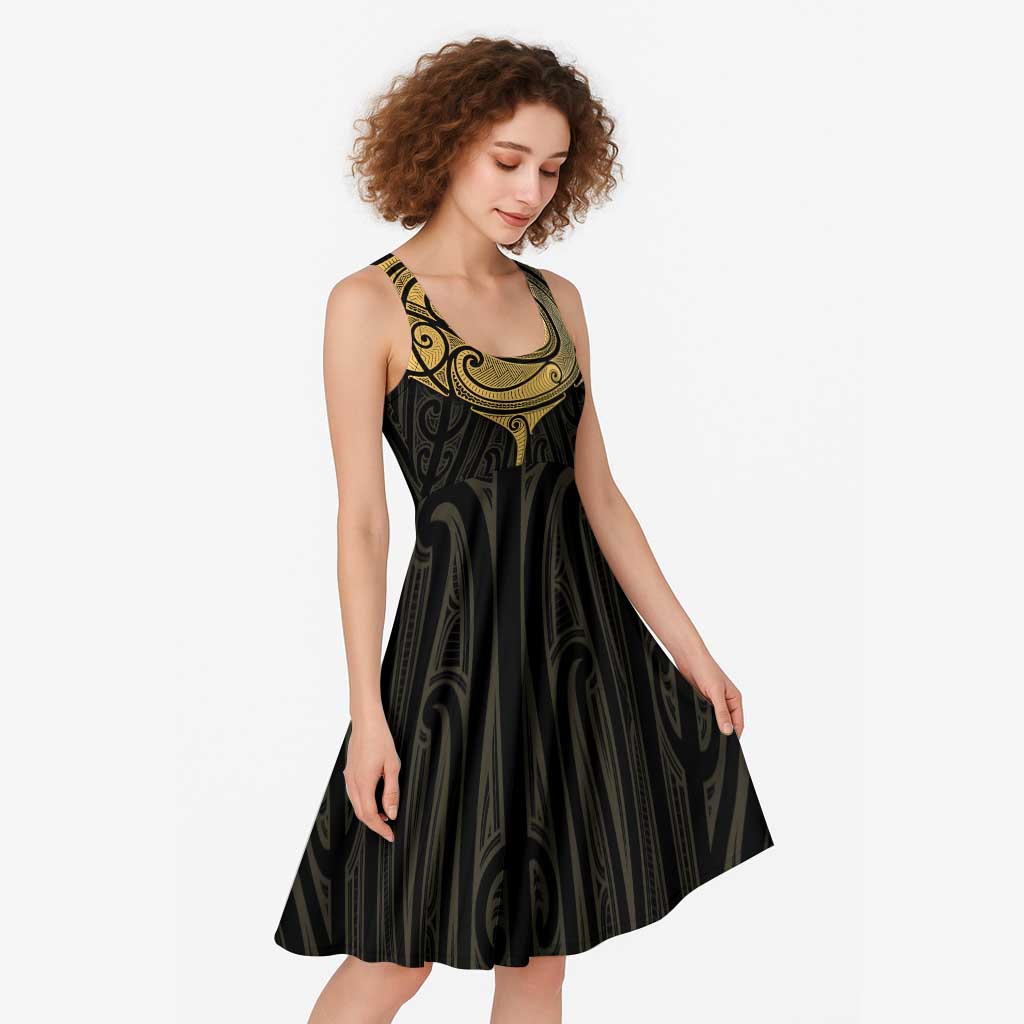 Gold Black New Zealand Manta Ray Midi Dress Aotearoa Maori Haehae LT14 - Polynesian Pride