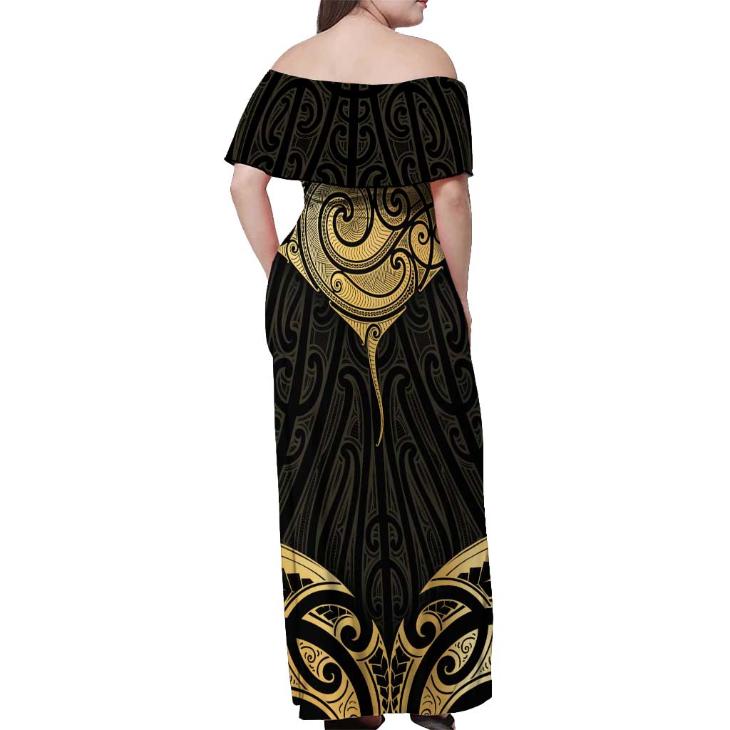 Gold Black New Zealand Manta Ray Off Shoulder Maxi Dress Aotearoa Maori Haehae LT14 - Polynesian Pride