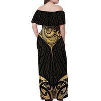 Gold Black New Zealand Manta Ray Off Shoulder Maxi Dress Aotearoa Maori Haehae LT14 - Polynesian Pride