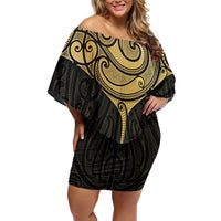 Gold Black New Zealand Manta Ray Off Shoulder Short Dress Aotearoa Maori Haehae LT14 Women Black - Polynesian Pride