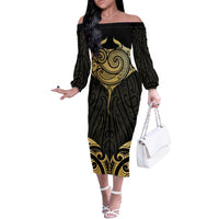 Gold Black New Zealand Manta Ray Off The Shoulder Long Sleeve Dress Aotearoa Maori Haehae LT14 Women Black - Polynesian Pride
