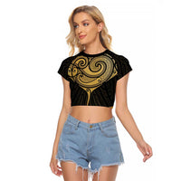 Gold Black New Zealand Manta Ray Raglan Cropped T Shirt Aotearoa Maori Haehae LT14 Female Black - Polynesian Pride
