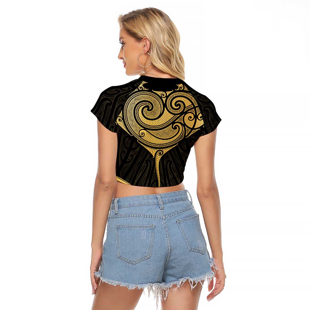 Gold Black New Zealand Manta Ray Raglan Cropped T Shirt Aotearoa Maori Haehae LT14 - Polynesian Pride