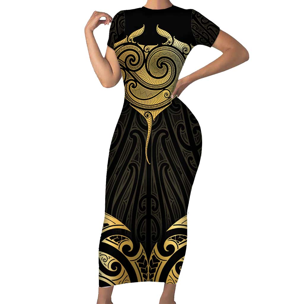 Gold Black New Zealand Manta Ray Short Sleeve Bodycon Dress Aotearoa Maori Haehae LT14 Long Dress Black - Polynesian Pride