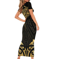 Gold Black New Zealand Manta Ray Short Sleeve Bodycon Dress Aotearoa Maori Haehae LT14 - Polynesian Pride