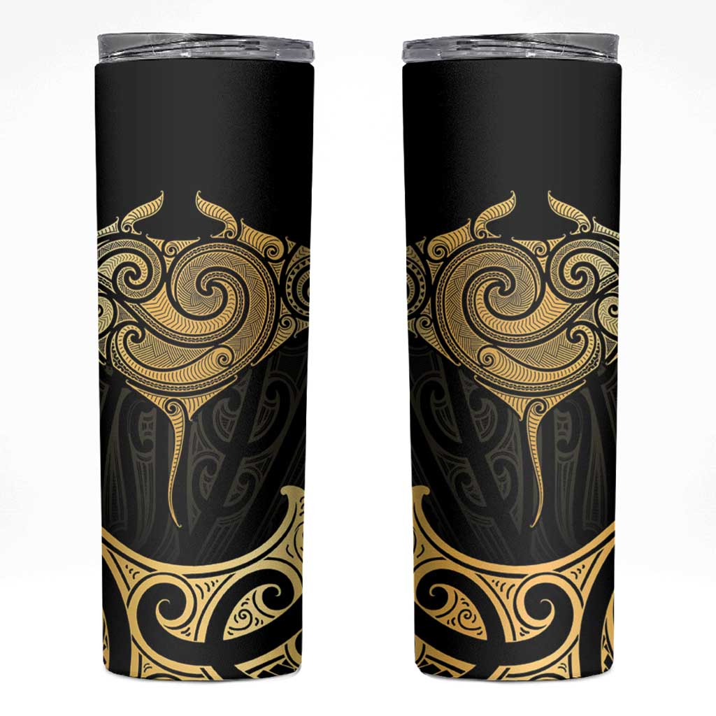 Gold Black New Zealand Manta Ray Skinny Tumbler Aotearoa Maori Haehae LT14 Black - Polynesian Pride