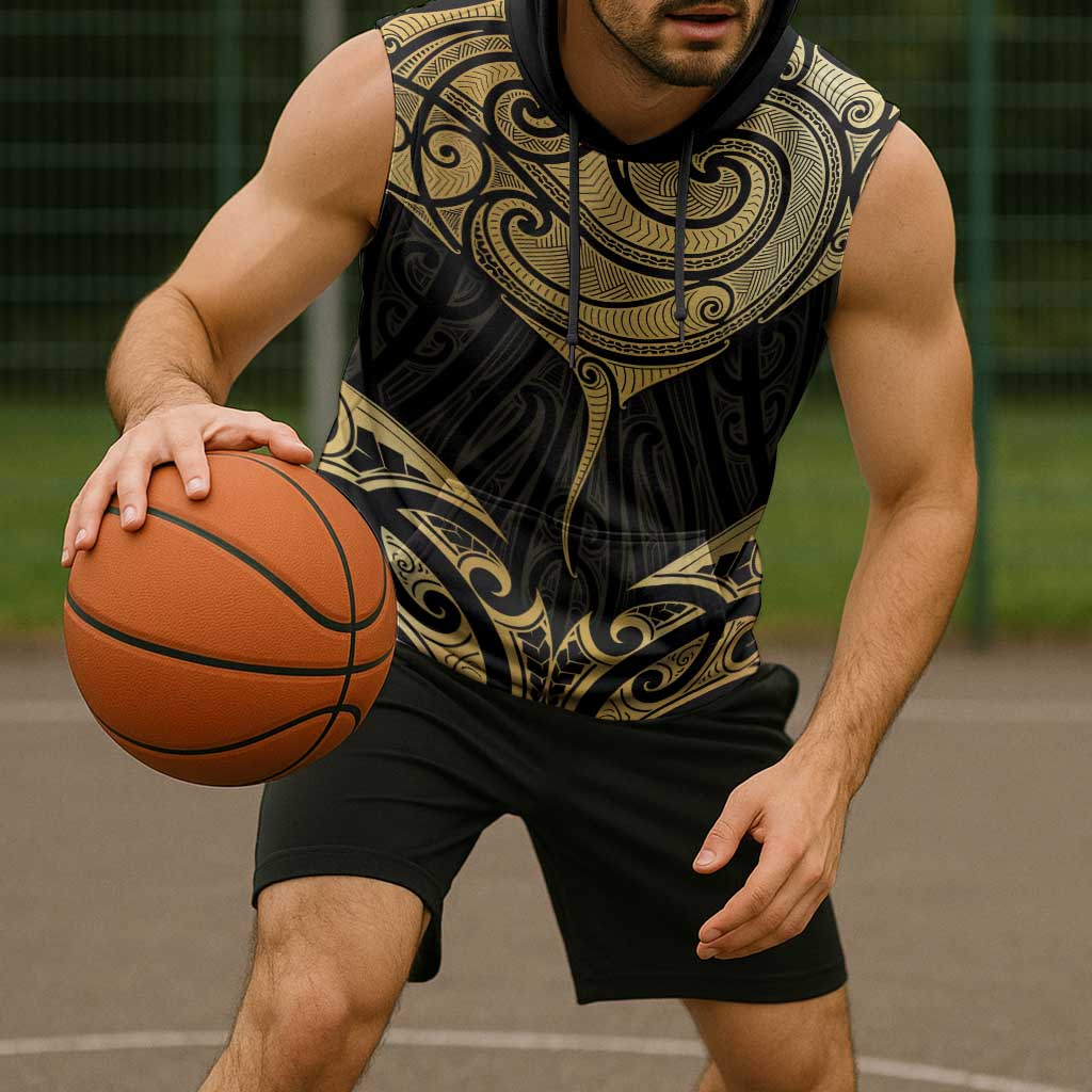Gold Black New Zealand Manta Ray Sleeveless Hoodie Aotearoa Maori Haehae LT14 - Polynesian Pride