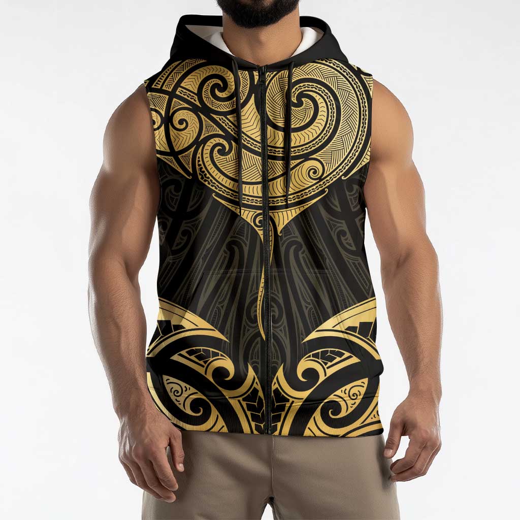 Gold Black New Zealand Manta Ray Sleeveless Zip Hoodie Aotearoa Maori Haehae LT14 - Polynesian Pride