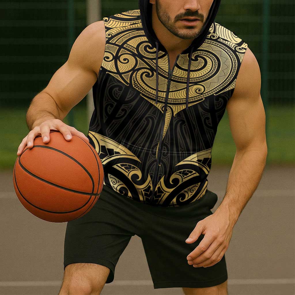 Gold Black New Zealand Manta Ray Sleeveless Zip Hoodie Aotearoa Maori Haehae LT14 - Polynesian Pride
