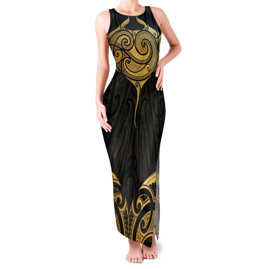 Gold Black New Zealand Manta Ray Tank Maxi Dress Aotearoa Maori Haehae LT14 Women Black - Polynesian Pride