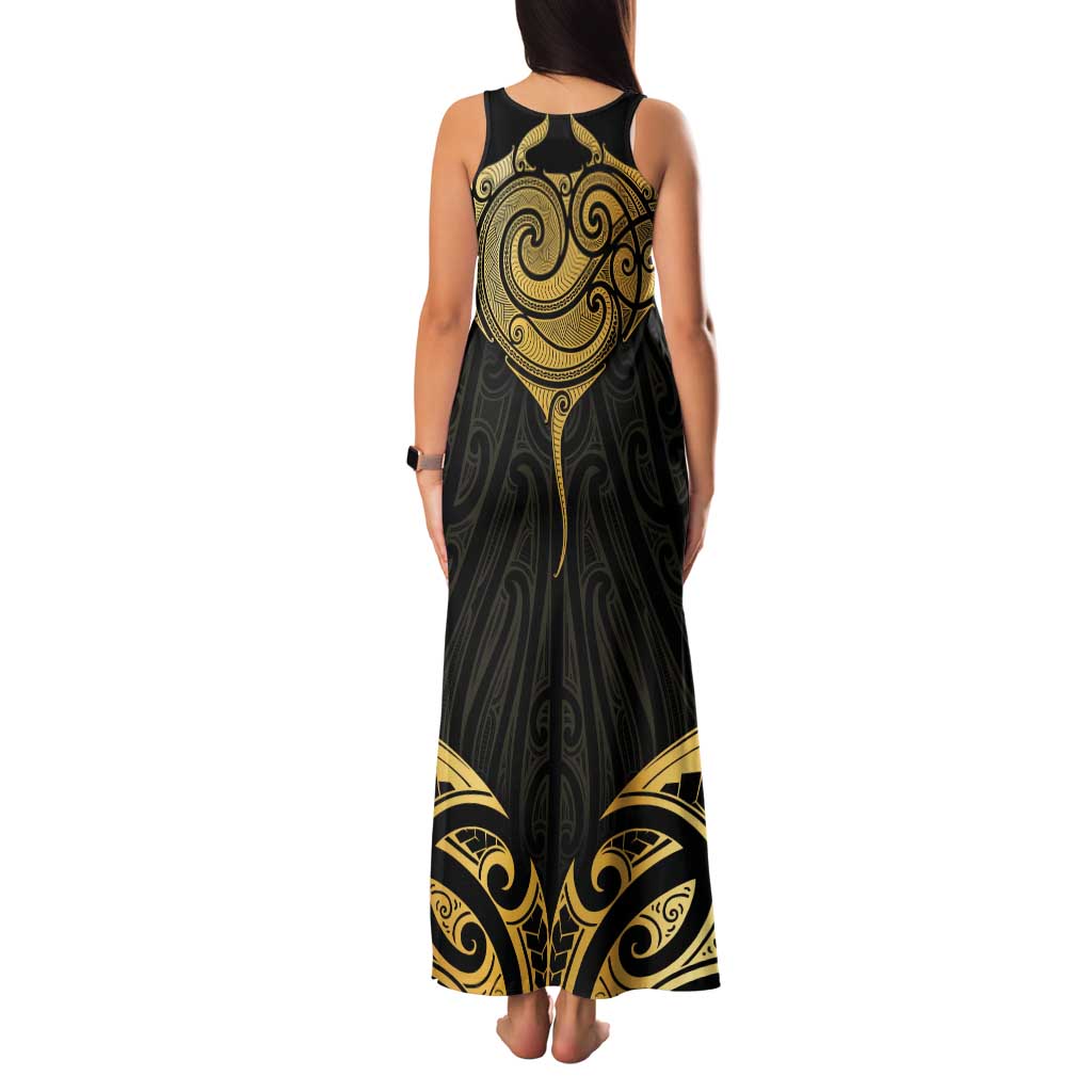 Gold Black New Zealand Manta Ray Tank Maxi Dress Aotearoa Maori Haehae LT14 - Polynesian Pride