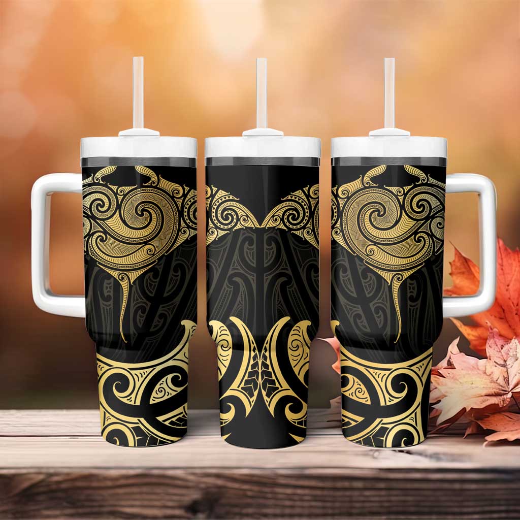 Gold Black New Zealand Manta Ray Tumbler With Handle Aotearoa Maori Haehae - Polynesian Pride