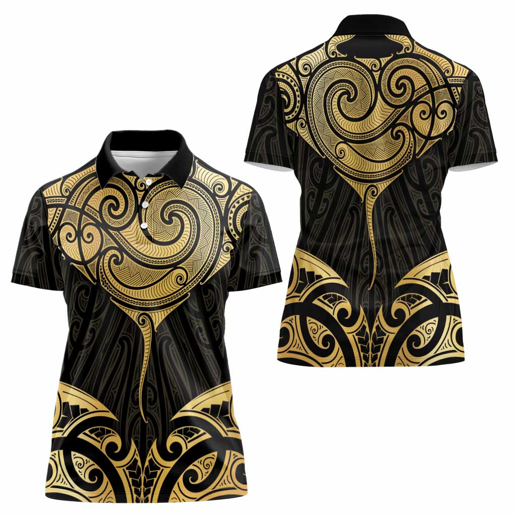 Gold Black New Zealand Manta Ray Women Polo Shirt Aotearoa Maori Haehae - Polynesian Pride