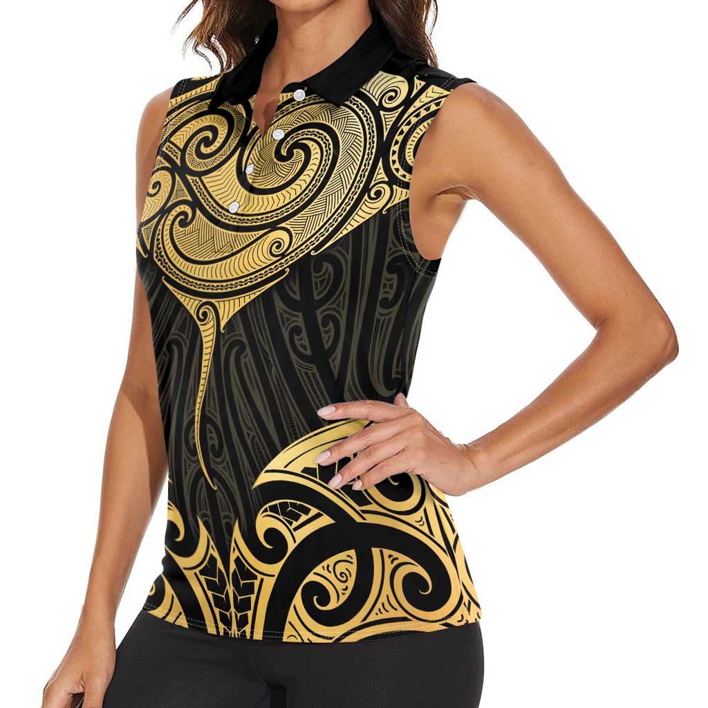 Gold Black New Zealand Manta Ray Women Sleeveless Polo Shirt Aotearoa Maori Haehae LT14 - Polynesian Pride