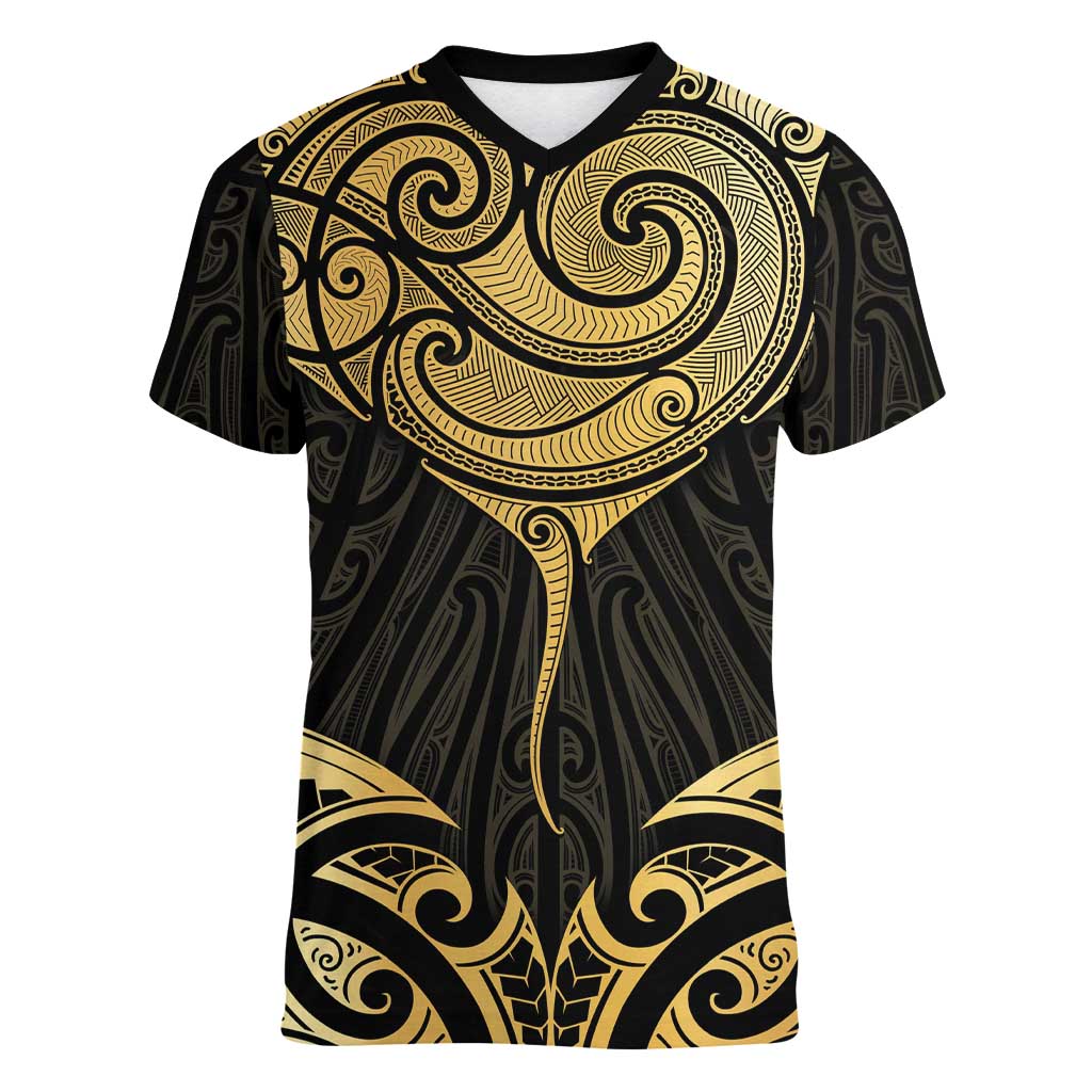 Gold Black New Zealand Manta Ray Women V-Neck T-Shirt Aotearoa Maori Haehae LT14 Female Black - Polynesian Pride