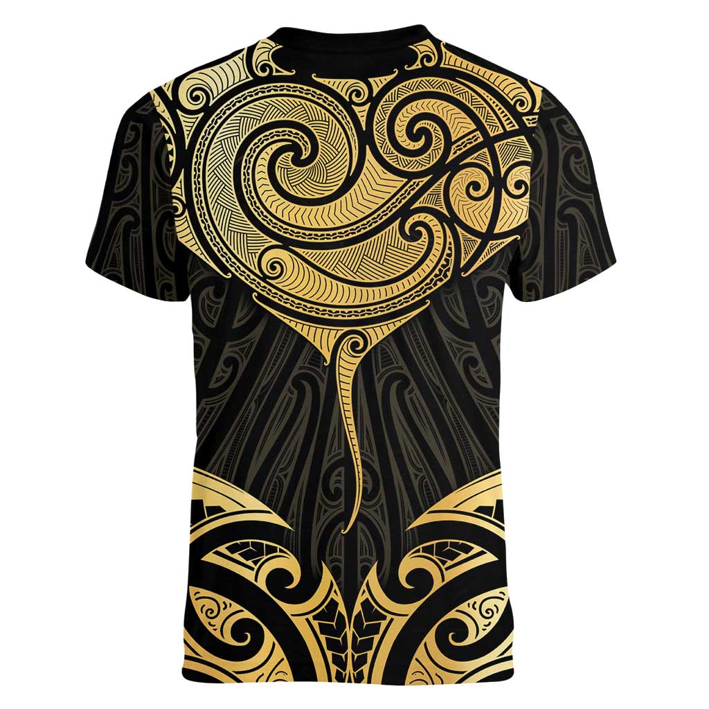 Gold Black New Zealand Manta Ray Women V-Neck T-Shirt Aotearoa Maori Haehae LT14 - Polynesian Pride
