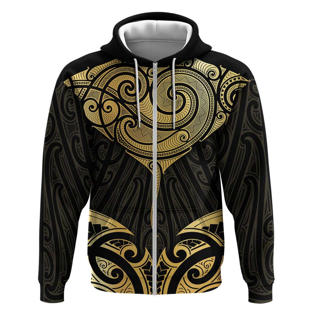 Gold Black New Zealand Manta Ray Zip Hoodie Aotearoa Maori Haehae LT14 Zip Hoodie Black - Polynesian Pride