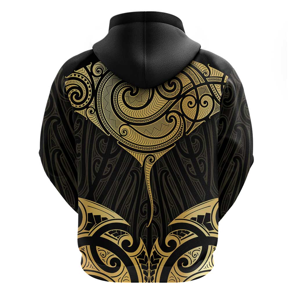 Gold Black New Zealand Manta Ray Zip Hoodie Aotearoa Maori Haehae LT14 - Polynesian Pride
