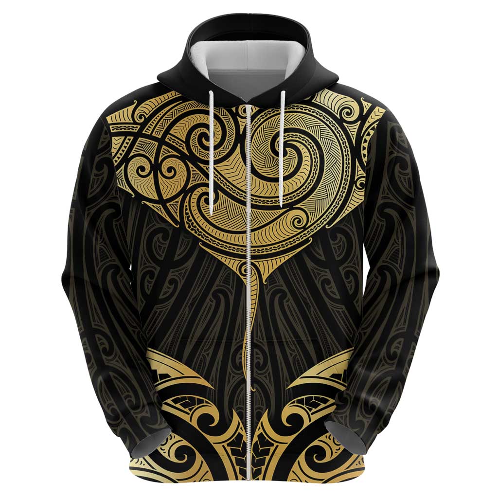 Gold Black New Zealand Manta Ray Zip Hoodie Aotearoa Maori Haehae LT14 - Polynesian Pride