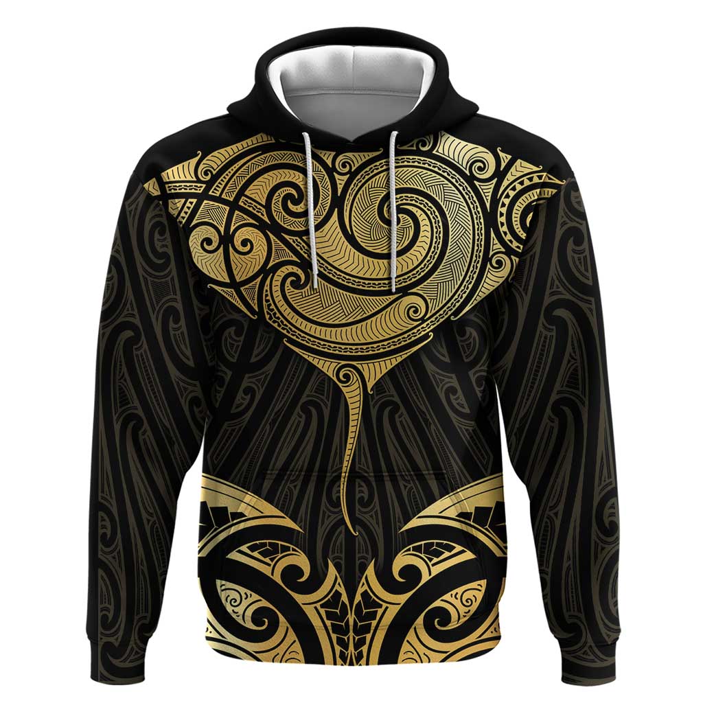 Gold Black New Zealand Manta Ray Zip Hoodie Aotearoa Maori Haehae LT14 Pullover Hoodie Black - Polynesian Pride