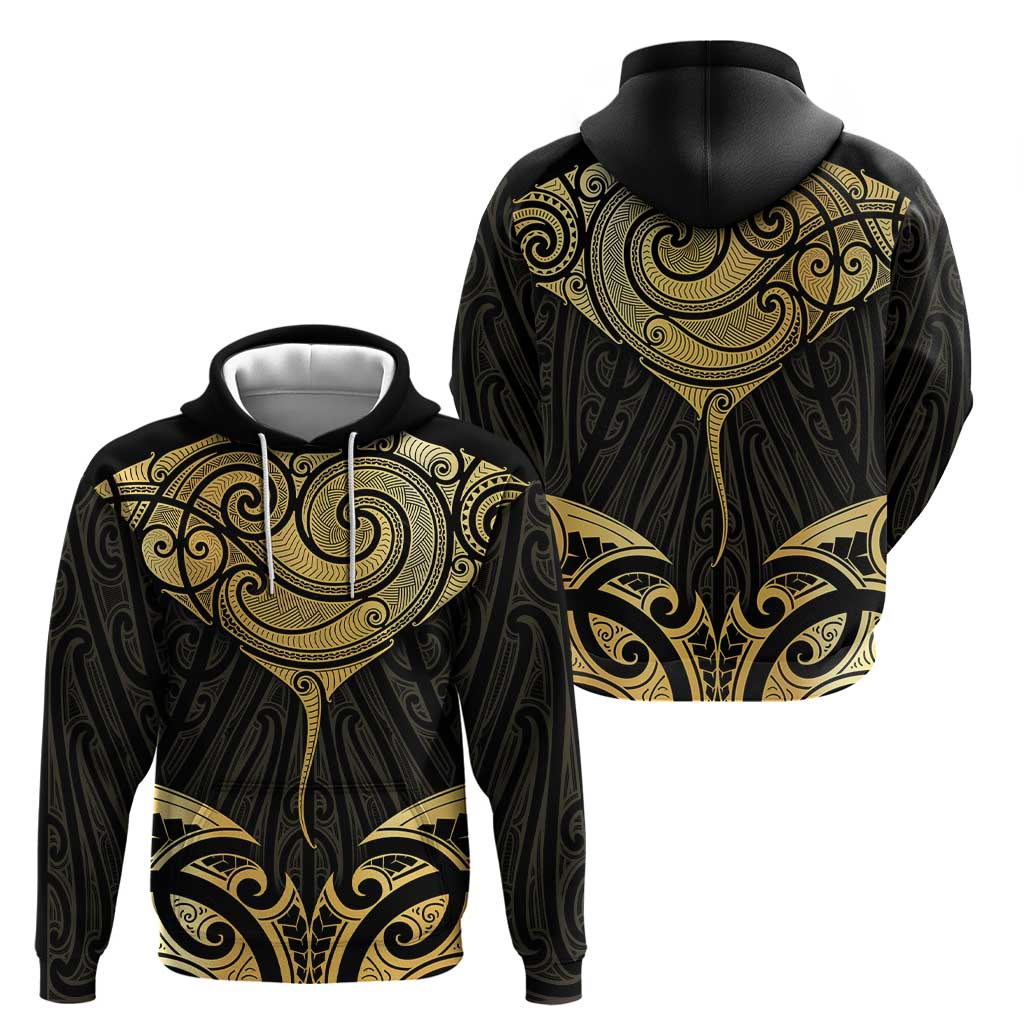 Gold Black New Zealand Manta Ray Zip Hoodie Aotearoa Maori Haehae LT14 - Polynesian Pride