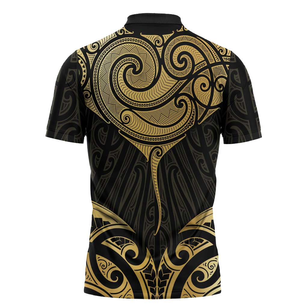 Gold Black New Zealand Manta Ray Zipper Polo Shirt Aotearoa Maori Haehae LT14 - Polynesian Pride