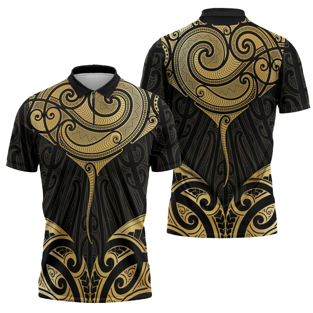 Gold Black New Zealand Manta Ray Zipper Polo Shirt Aotearoa Maori Haehae LT14 - Polynesian Pride