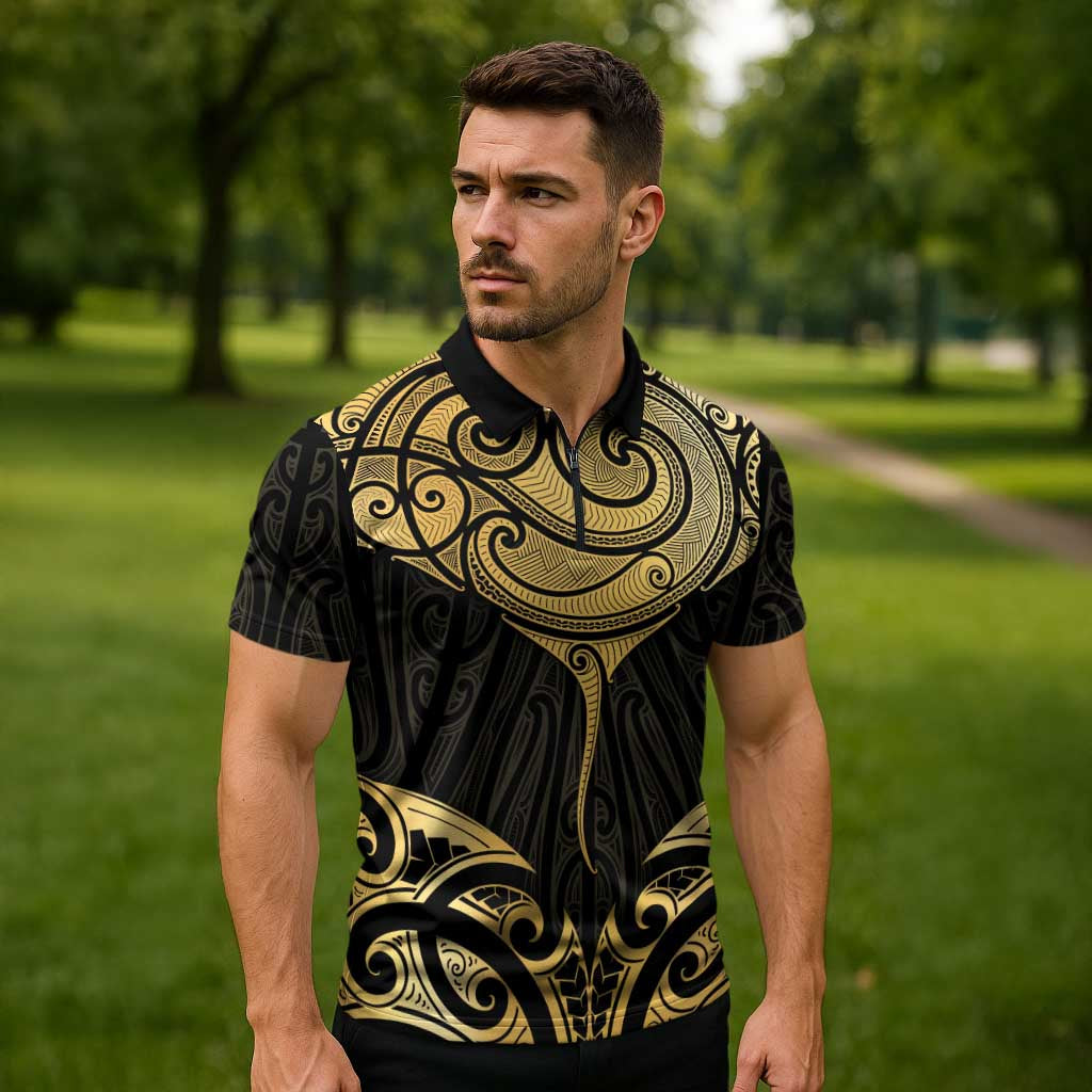 Gold Black New Zealand Manta Ray Zipper Polo Shirt Aotearoa Maori Haehae LT14 - Polynesian Pride