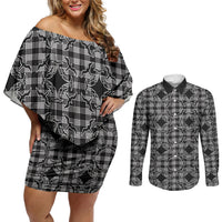 Eleele Hawaii Iwa Bird Palaka Motifs Couples Matching Off Shoulder Short Dress and Long Sleeve Button Shirt LT14 Black - Polynesian Pride
