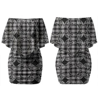 Eleele Hawaii Iwa Bird Palaka Motifs Couples Matching Off Shoulder Short Dress and Long Sleeve Button Shirt LT14 - Polynesian Pride