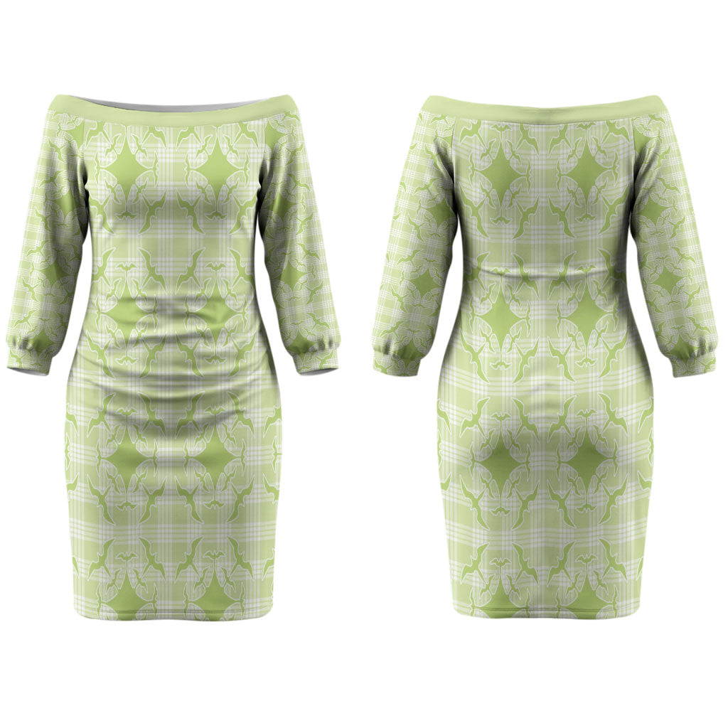 Omaomao Hawaii Iwa Bird Palaka Motifs Couples Matching Off The Shoulder Long Sleeve Dress and Long Sleeve Button Shirt LT14 - Polynesian Pride