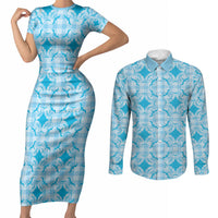 Polu Hawaii Iwa Bird Palaka Motifs Couples Matching Short Sleeve Bodycon Dress and Long Sleeve Button Shirt LT14 Blue - Polynesian Pride