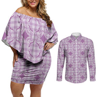 Poni Hawaii Iwa Bird Palaka Motifs Couples Matching Off Shoulder Short Dress and Long Sleeve Button Shirt LT14 Purple - Polynesian Pride