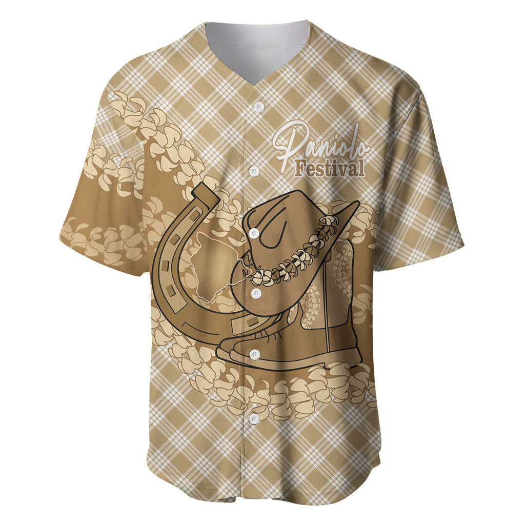Makue Hawaii Cowboy Palaka Motifs Personalised Baseball Jersey Paniolo Festival Puakenikeni Lei LT14 Brown - Polynesian Pride