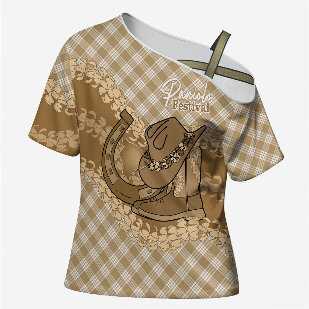 Makue Hawaii Cowboy Palaka Motifs Personalised Cross Shoulder Shirt Paniolo Festival Puakenikeni Lei LT14 Female Brown - Polynesian Pride