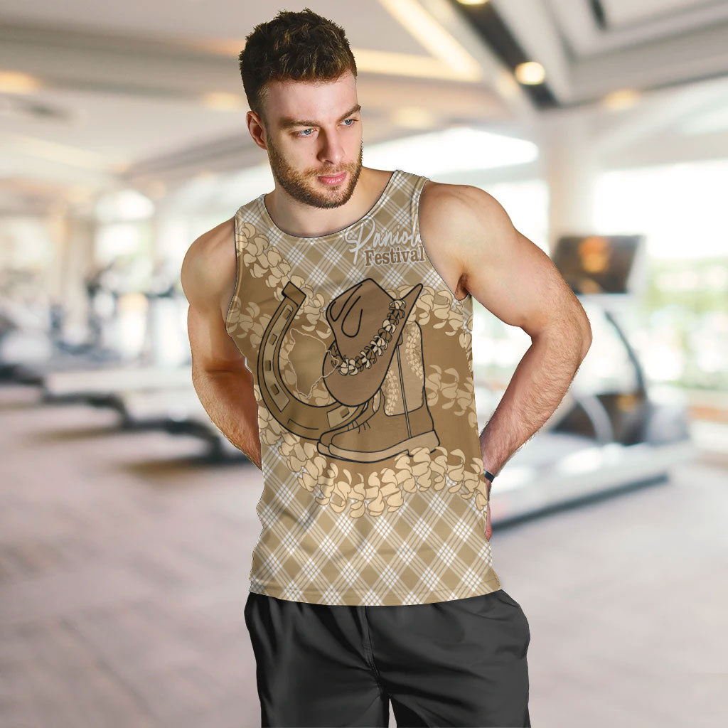 Makue Hawaii Cowboy Palaka Motifs Personalised Men Tank Top Paniolo Festival Puakenikeni Lei LT14 Brown - Polynesian Pride