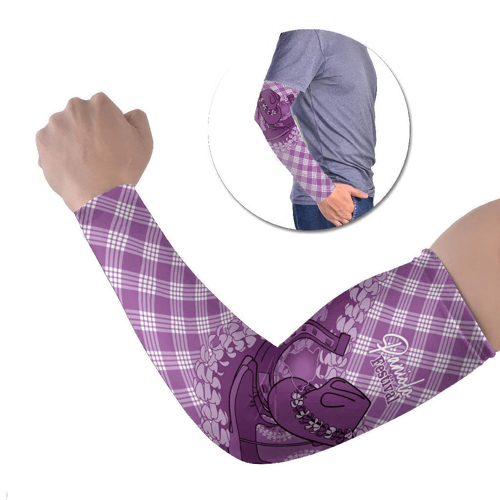 Poni Hawaii Cowboy Palaka Motifs Personalised Arm Sleeves Paniolo Festival Puakenikeni Lei LT14 Set of 2 Purple - Polynesian Pride