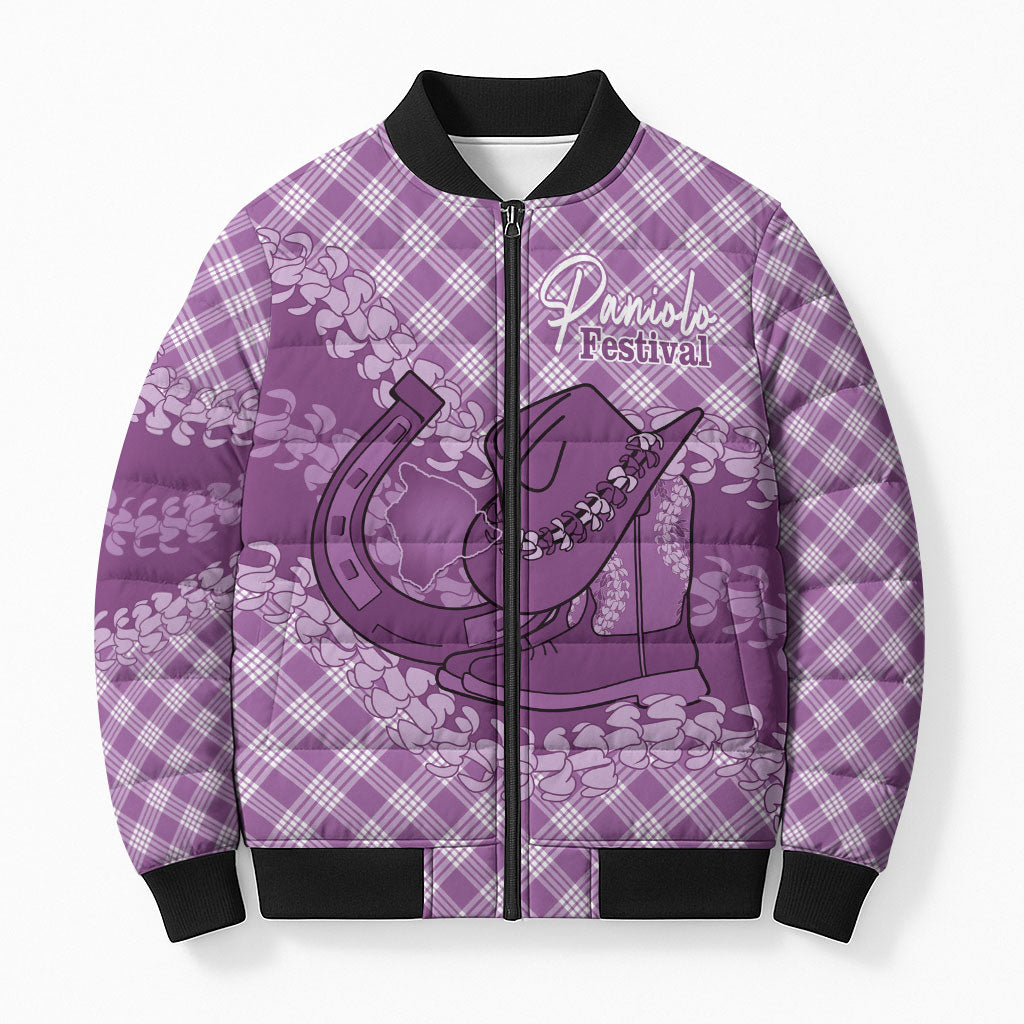 Poni Hawaii Cowboy Palaka Motifs Personalised Bomber Puffer Jacket Paniolo Festival Puakenikeni Lei LT14 Unisex Purple - Polynesian Pride