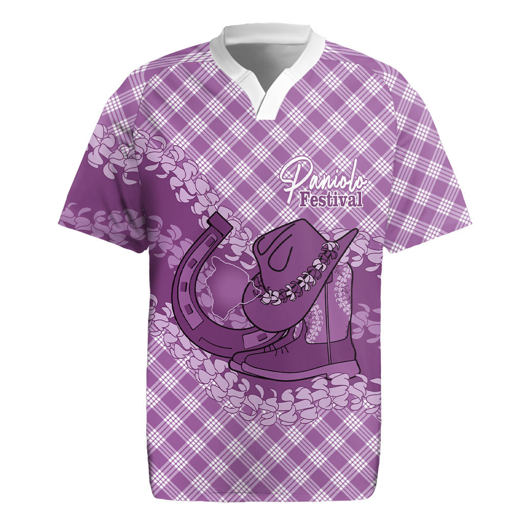 Poni Hawaii Cowboy Palaka Motifs Personalised Rugby Jersey Paniolo Festival Puakenikeni Lei LT14 Purple - Polynesian Pride