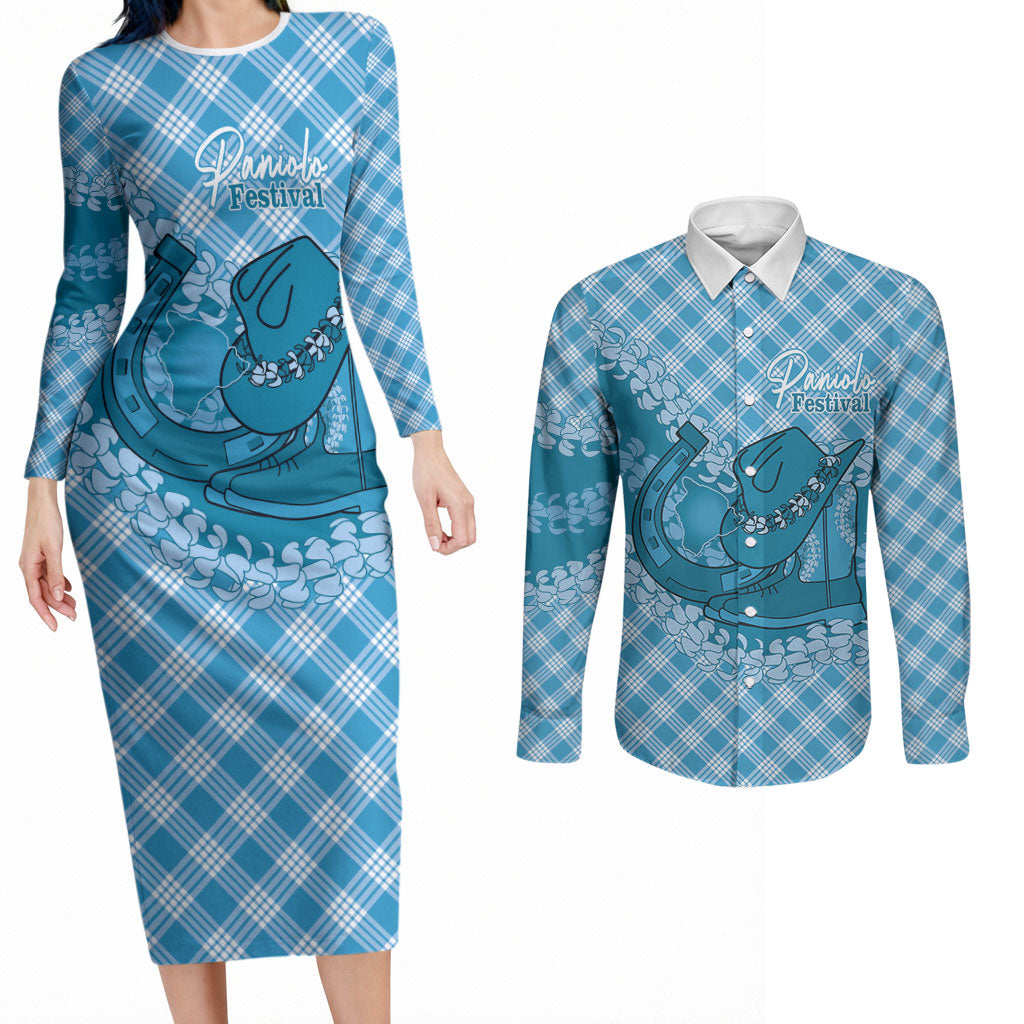 Polu Hawaii Cowboy Palaka Motifs Personalised Couples Matching Long Sleeve Bodycon Dress and Long Sleeve Button Shirt Paniolo Festival Puakenikeni Lei LT14 Blue - Polynesian Pride