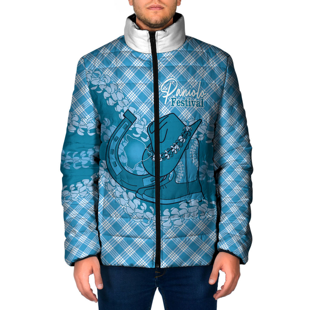 Polu Hawaii Cowboy Palaka Motifs Personalised Padded Jacket Paniolo Festival Puakenikeni Lei LT14 Men Blue - Polynesian Pride