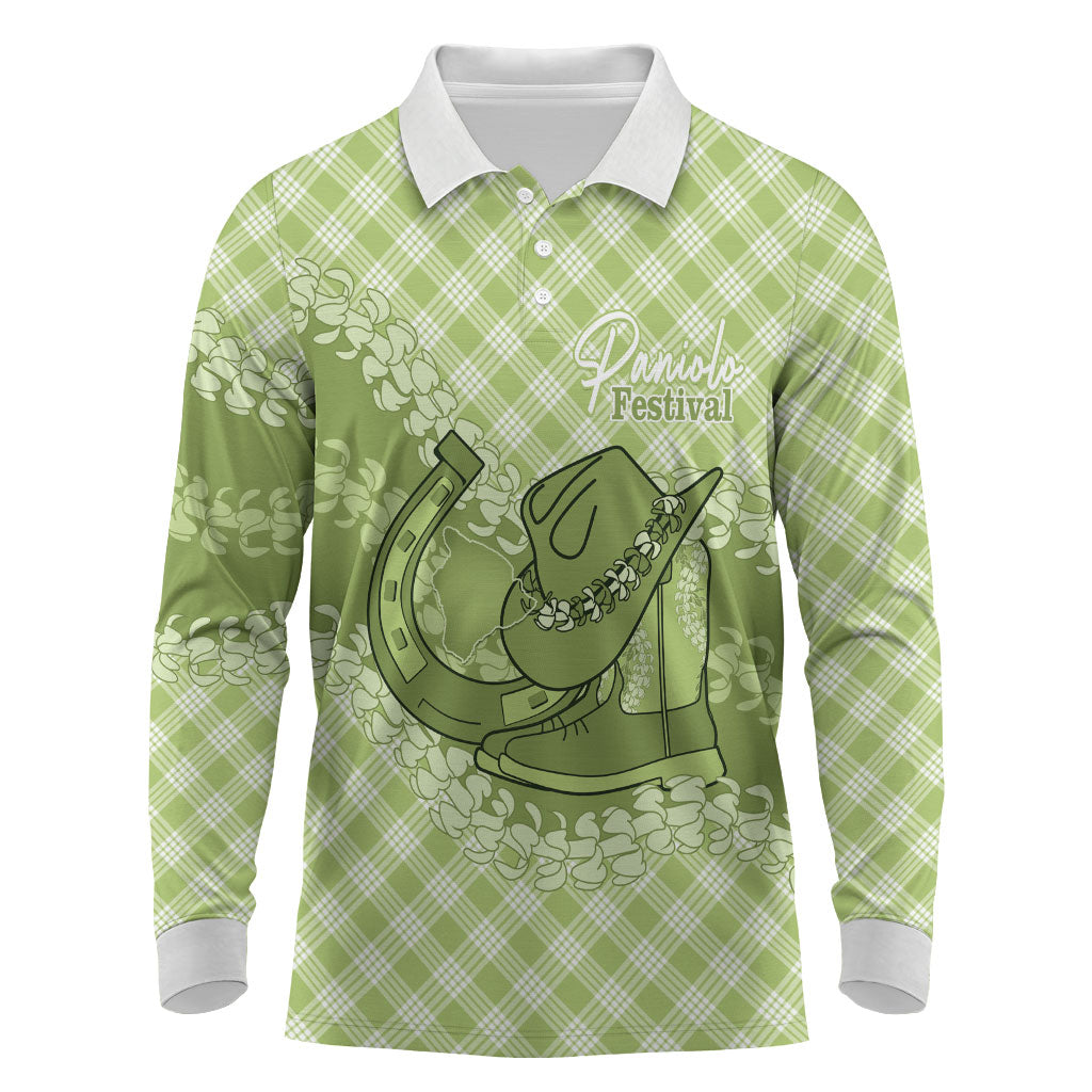 Omaomao Hawaii Cowboy Palaka Motifs Personalised Long Sleeve Polo Shirt Paniolo Festival Puakenikeni Lei LT14 Green - Polynesian Pride