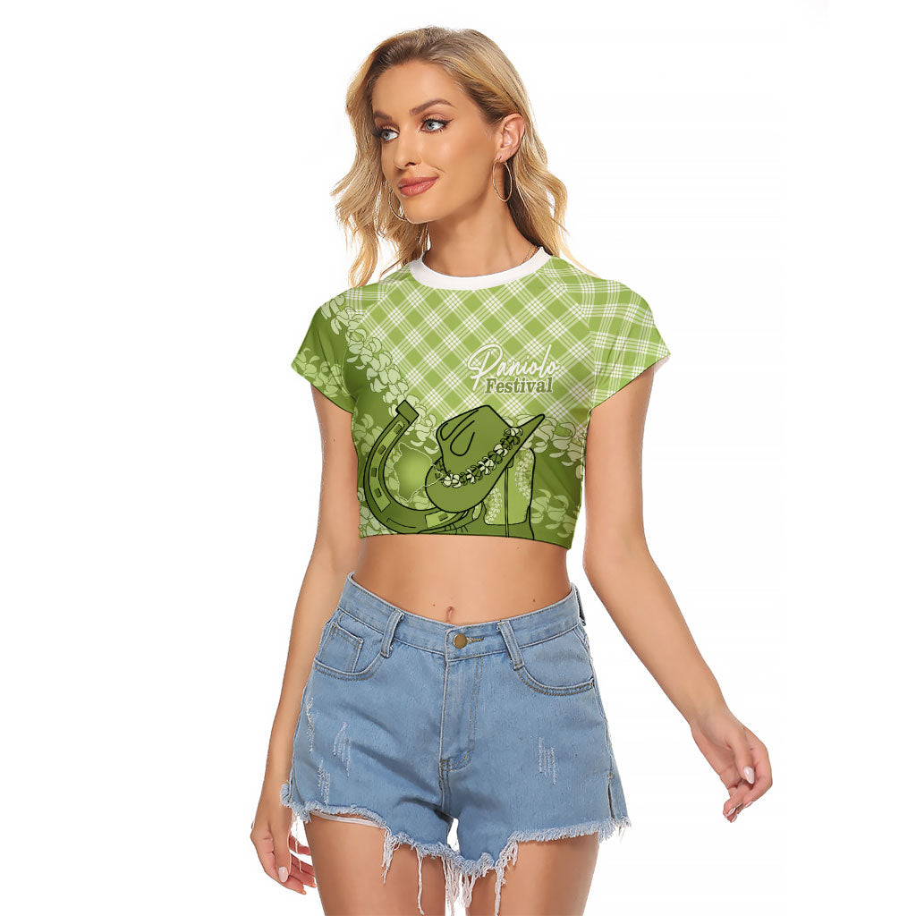 Omaomao Hawaii Cowboy Palaka Motifs Personalised Raglan Cropped T Shirt Paniolo Festival Puakenikeni Lei LT14 Female Green - Polynesian Pride