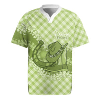 Omaomao Hawaii Cowboy Palaka Motifs Personalised Rugby Jersey Paniolo Festival Puakenikeni Lei LT14 Green - Polynesian Pride