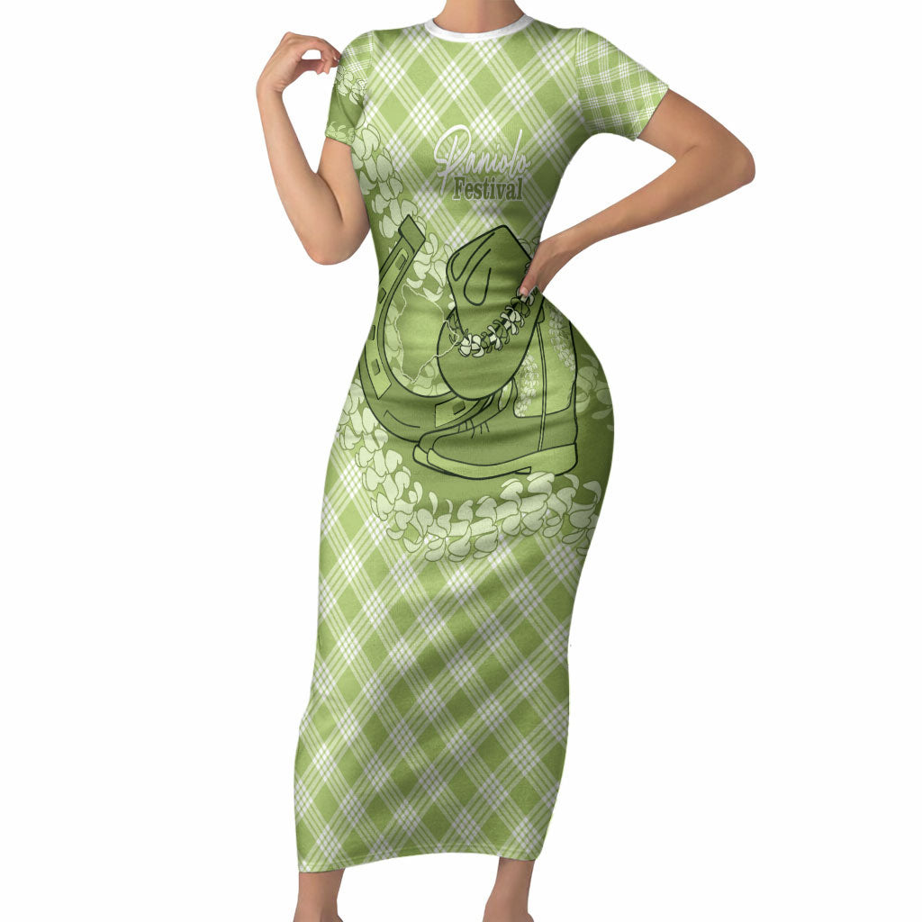 Omaomao Hawaii Cowboy Palaka Motifs Personalised Short Sleeve Bodycon Dress Paniolo Festival Puakenikeni Lei LT14 Long Dress Green - Polynesian Pride
