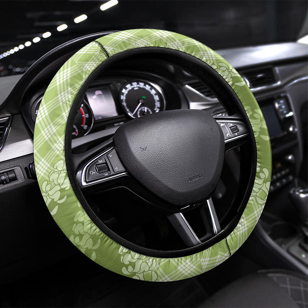 Omaomao Hawaii Cowboy Palaka Motifs Steering Wheel Cover Paniolo Festival Puakenikeni Lei LT14 Universal Fit Green - Polynesian Pride