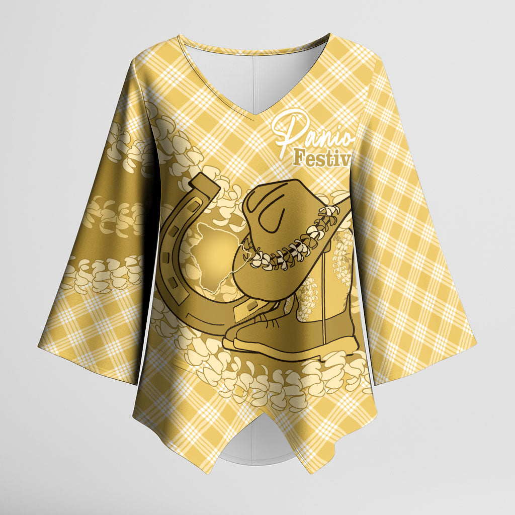 Melemele Hawaii Cowboy Palaka Motifs Personalised Kimono Sleeve Blouse Paniolo Festival Puakenikeni Lei LT14 Female Yellow - Polynesian Pride