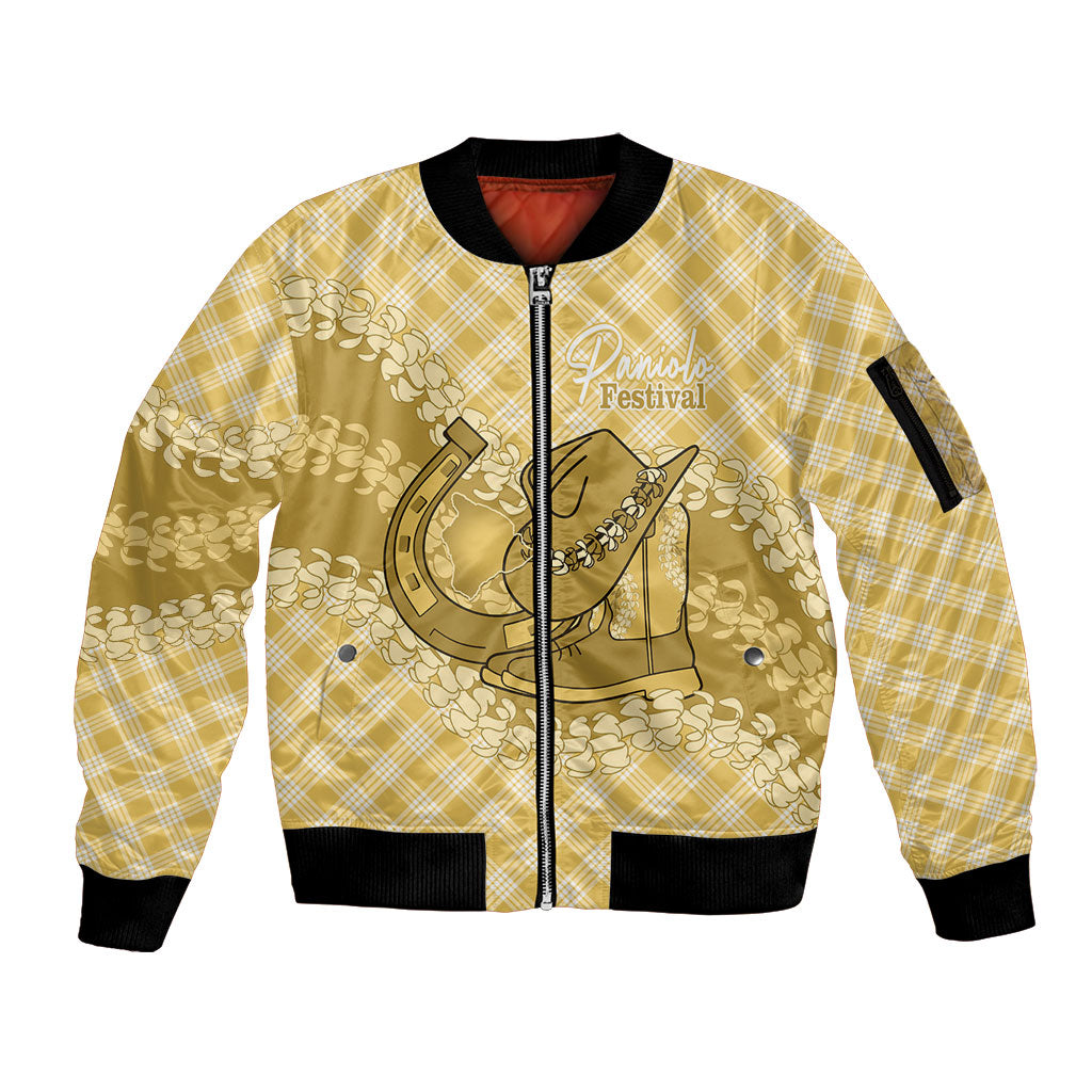 Melemele Hawaii Cowboy Palaka Motifs Personalised Sleeve Zip Bomber Jacket Paniolo Festival Puakenikeni Lei LT14 Unisex Yellow - Polynesian Pride