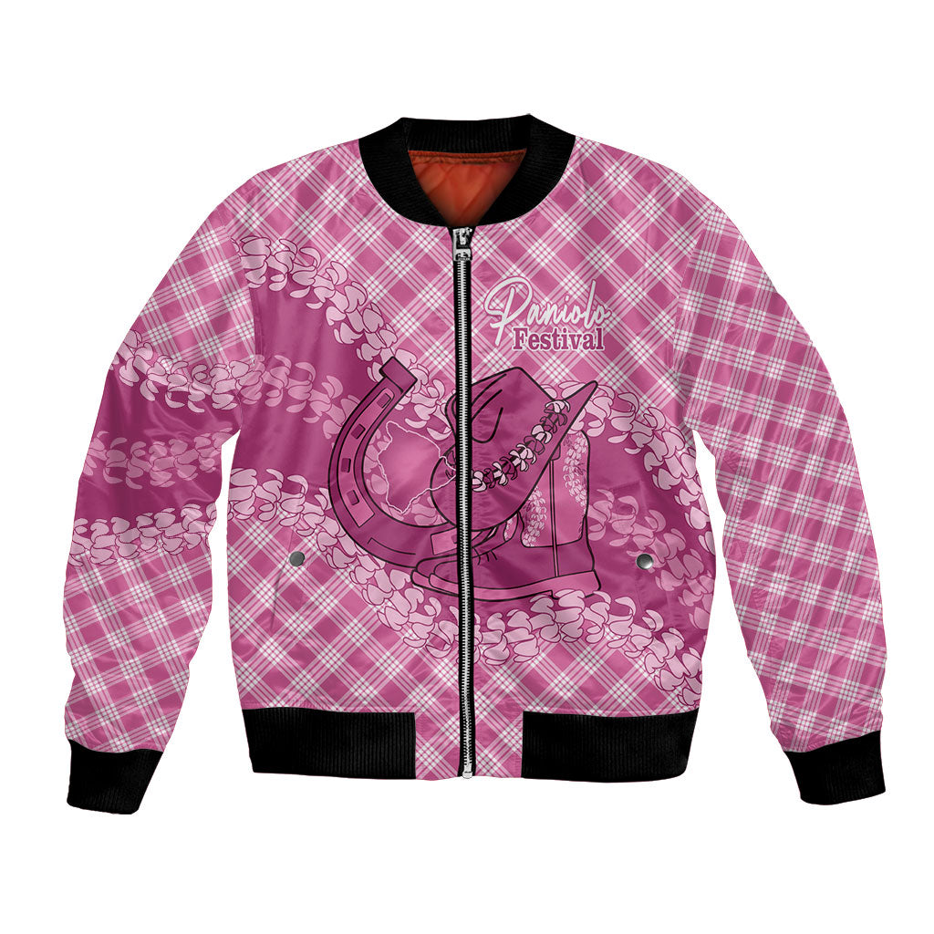 Alaka Hawaii Cowboy Palaka Motifs Personalised Bomber Jacket Paniolo Festival Puakenikeni Lei LT14 Unisex Pink - Polynesian Pride